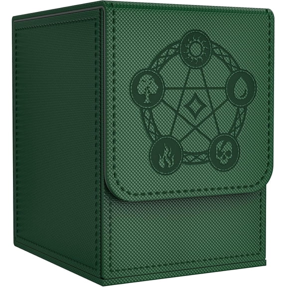 Card Deck Box with 2 Dividers, MTG Commander Deck Box Holds 100+ Double-Sleeved Cards, Leather Magnetic Deck Case Compatible with Magic TCG CCG Cards, Green