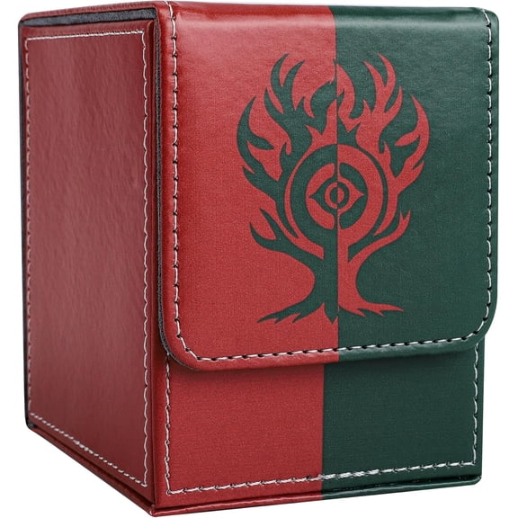 Card Deck Box with 2 Dividers, MTG Commander Deck Box Holds 100+ Double-Sleeved Cards, Leather Magnetic Deck Case Compatible with Magic TCG CCG Cards, Red/Green