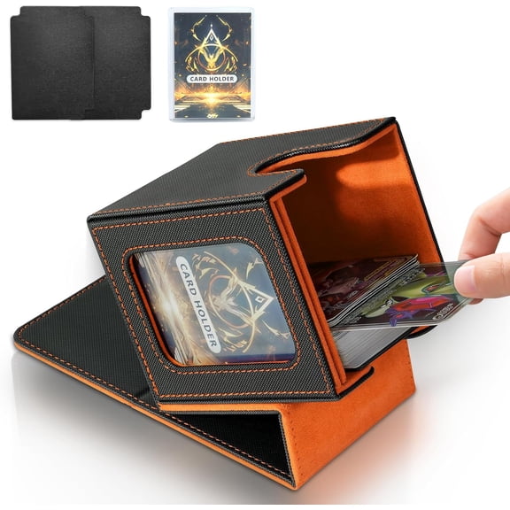 Card Deck Box for MTG Commander, Card Storage Box for Trading Cards, PU Leather Magnetic Card Display Case, Holds 100 Double-Sleeved Cards, Black&Orange