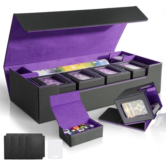 Card Deck Box for MTG Commander, Large 6 in 1 Card Storage Display Case with 5PCS TCG Deck Boxes & Dice Tray, Holds 2400+ Unsleeved Trading Cards (Black&Purple Set)