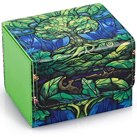 Card Deck Box for MTG, Trading Cards Storage Box Holds 120+ Sleeved Commander Deck, PU Leather Card Box Suits TCG Magic with 2 Dividers (Green,Tree)