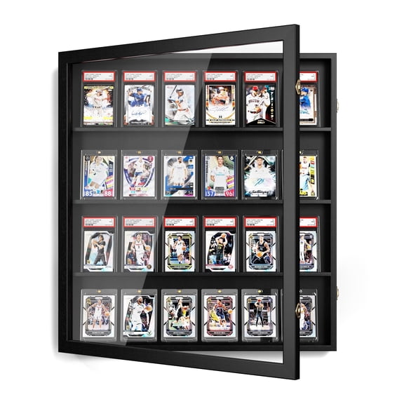 Card Display Case, 24 Graded Sports Display Frame with UV Protection Clear View Lockable for Football Baseball Basketball Hockey Comic Trading Cards,Black
