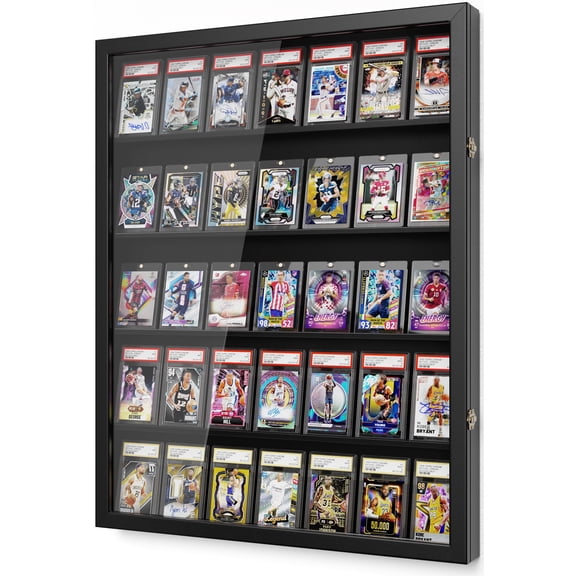 Card Display Case, 35 Graded Sports Display Frame with UV Protection Clear View Lockable for Football Baseball Basketball Hockey Comic Trading Cards,Black