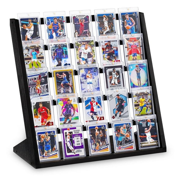 Card Display Stand, 5-Tier Trading Card Display, Wooden Graded Baseball Sports Card Display, Trading Card Display Case for Card Collection & Show,Black