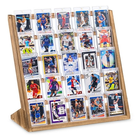 Card Display Stand, 5-Tier Trading Card Display, Wooden Graded Baseball Sports Card Display, Trading Card Display Case for Card Collection & Show,Brown
