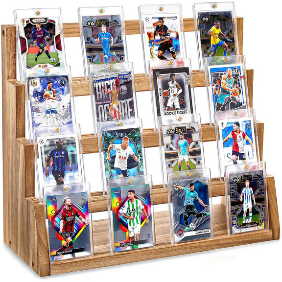 Honiway Card Display Stand, 4-Tier Trading Card Display, Wooden Graded Card Display Baseball Sports Card Display, Trading Card Display Case for Card Collection & Show (Rustic Brown)
