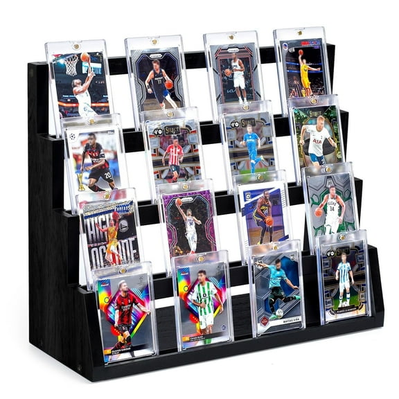 Honiway Card Display Stand, 4-Tier Trading Card Display, Wooden Graded Card Display Baseball Sports Card Display, Trading Card Display Case for Card Collection & Show (Black)