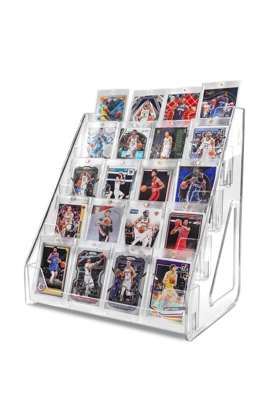 Card Display Stand, 5 Tier Vertical Holder for Trading Cards, Greeting Cards, Stickers, Baseball Cards and Sports Graded Cards, Snap-On Assembly
