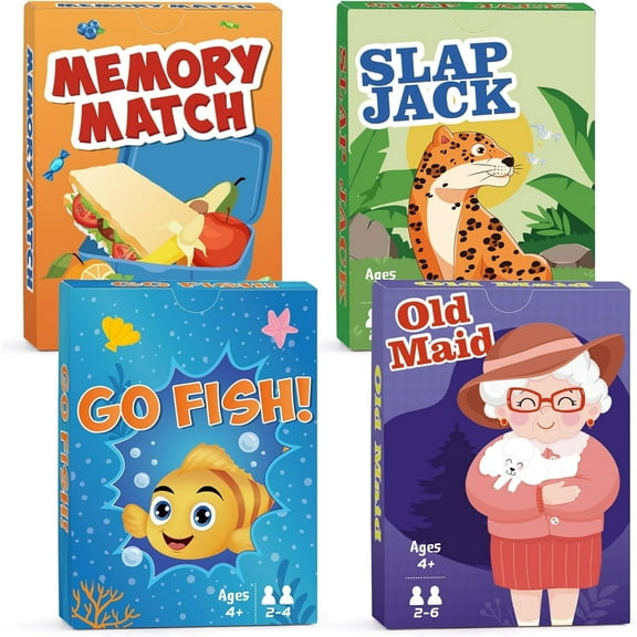Neasyth Kids Card Games, 4 in 1 Kids Playing Cards Set - Go Fish, Old Maid, Memory Match, Slap Jack, Gift for Children