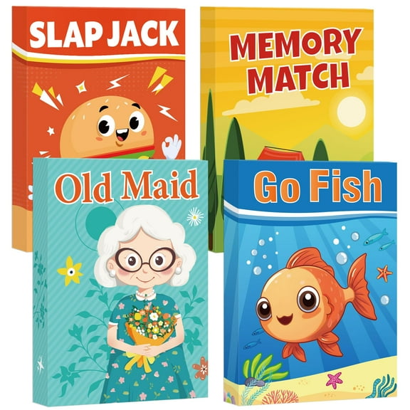 Neasyth Go Fish, Old Maid, Slap Jack, Memory Match, 4 in 1 Kids Card Games Set, Gift for Children