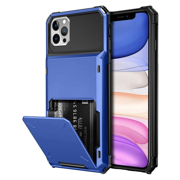 Card Holder Case for iPhone 13 6.1" 2021, Allytech Hard PC Back and Soft Silicone Rubber Inner Hybrid Anti-Scratch Shockproof Hidden Wallet Credit Card Storage Flip Back Cover, Blue