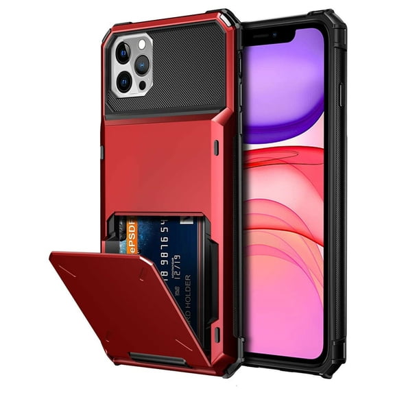 Card Holder Case for iPhone 13 Mini 5.4" 2021, Allytech Hard PC Back and Soft Silicone Rubber Inner Hybrid Anti-Scratch Shockproof Hidden Wallet Credit Card Storage Flip Back Cover, Red