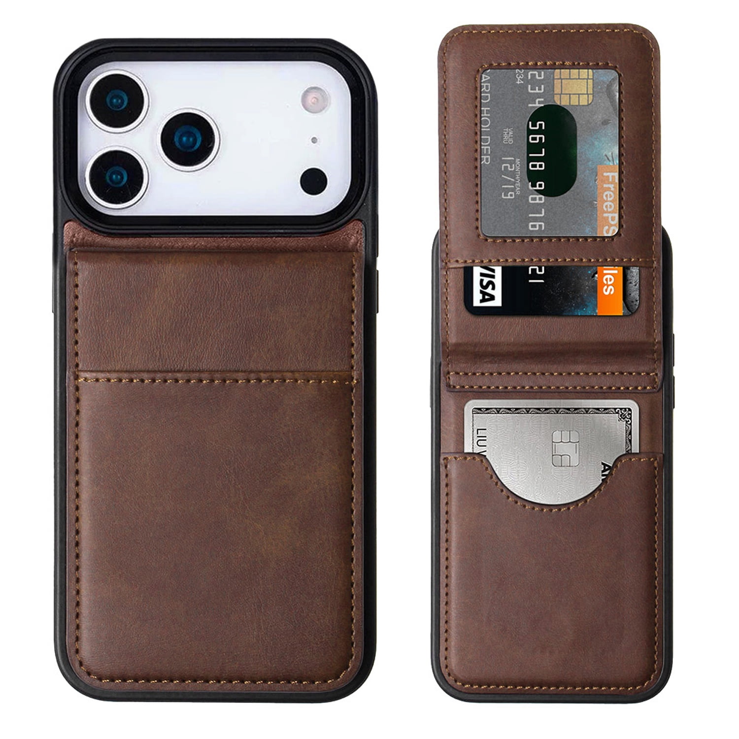 Card Holder Leather Case with Foldable Stand for iPhone 17 Pro Max - Brown