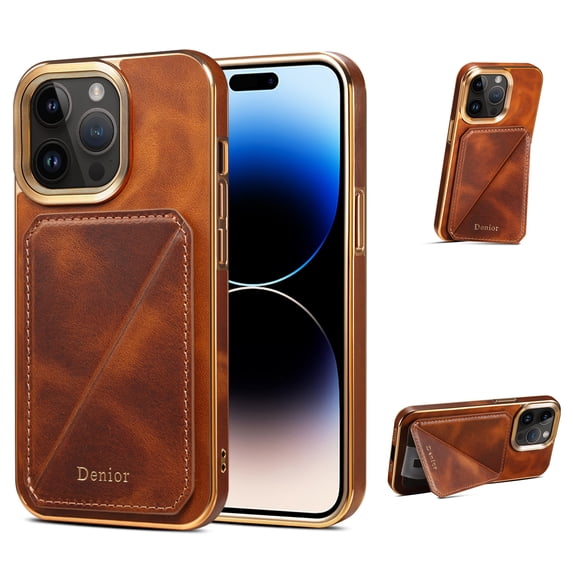 Card Holder Phone Case for iPhone 13 Pro Max Case Wallet with Stand, Vintage Oil Wax Faux Cowhide Leather Luxury Magnetic Cover for iPhone 13 Pro Max Soft Bumper Shockproof Plating Case, Brown