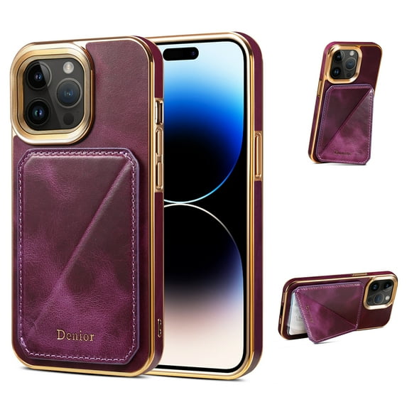 Card Holder Phone Case for iPhone 15 Pro Case Wallet with Stand, Vintage Oil Wax Faux Cowhide Leather Luxury Magnetic Cover for iPhone 15 Pro Soft Bumper Shockproof Plating Case, Purple