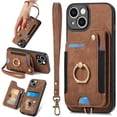 thumbnail image 1 of Card Holder Wallet for iPhone 15 Phone Case,Ring Holder Stand,RFID-Blocking,Wrist Strap,Camera Protector,Leather Magnetic Protective Flip Cover Cases for iPhone 15 2023 (6.1", Brown), 1 of 14