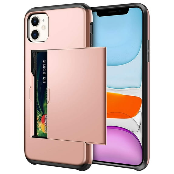 Card Holder iPhone 11 Case (Rose Gold) Dual Layer Shockproof Wallet with Heavy Duty Protection
