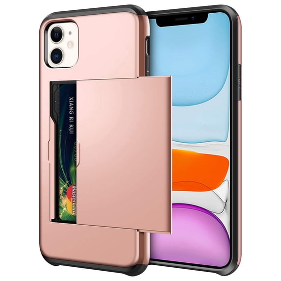 Card Holder iPhone 11 Case (Black) Dual Layer Shockproof Wallet with Heavy Duty Protection