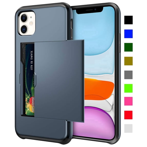 Card Holder iPhone 11 Case (Black) Dual Layer Shockproof Wallet with Heavy Duty Protection