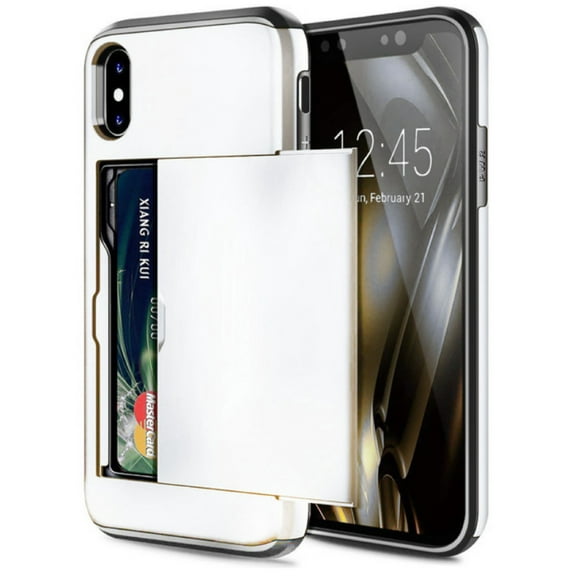 Card Holder iPhone X Case (White) Dual Layer Shockproof Wallet with Heavy Duty Protection