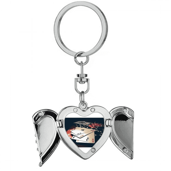 Card Poker Chips Gambling Photo Heart Angel Wing Key Chain Holder