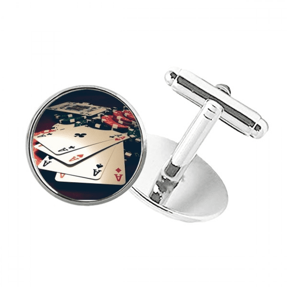 Card Poker Chips Gambling Photo Round Button Cuff Clip Stud Cufflinks