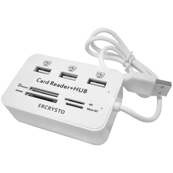 Card Reader and 3 Ports USB Hub, High Speed External Memory Card Reader (MS, Micro SD,SD/MMC,M2,TF Card), White.