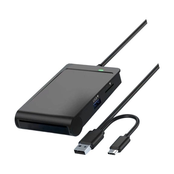 Card Reader for Inserted Contact Cards and Tap-Style Contactless Cards with Integrated Host Cable for Computer Use