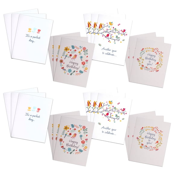 Cottage Garden Birthday Cute Birds Scripture 5.5 x 7.5 x 0.625 Inch, Durable Cardstock with 4 Assorted Designs, Set of 12 Greeting Cards & 12 Envelopes