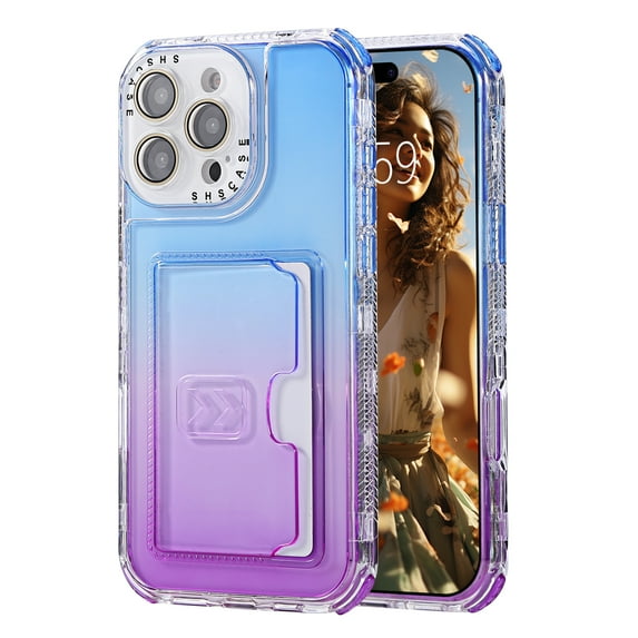 Card Slot Gradient Color Transparent Phone Case for iPhone 15 Pro Max, Soft TPU Shockproof Anti-Fall Slim Hard PC Back Cover with Tempered Glass Lens Protector for iPhone 15 Pro Max - Blue+Purple