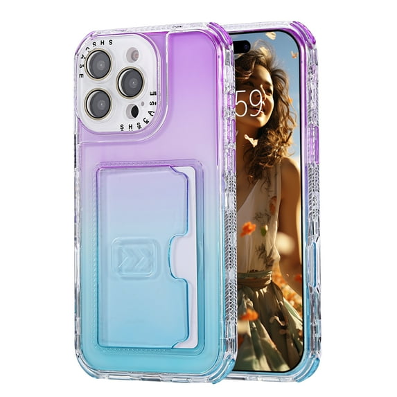 Card Slot Gradient Color Transparent Phone Case for iPhone 16 Pro Max, Soft TPU Shockproof Anti-Fall Slim Hard PC Back Cover with Tempered Glass Lens Protector for iPhone 16 Pro Max - Purple+Skyblue