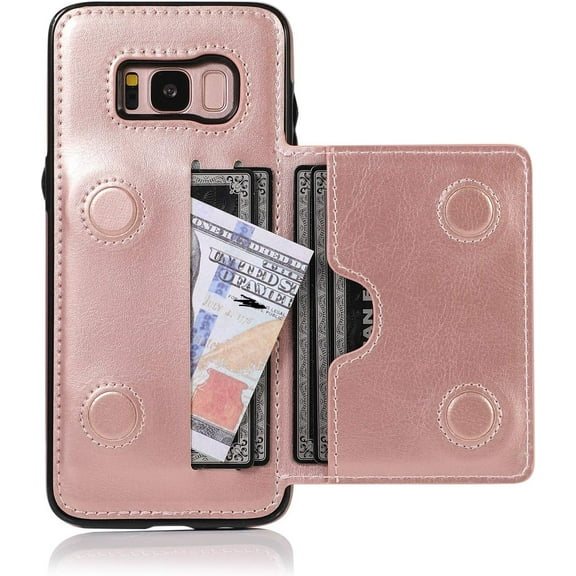 Card Slot Holder Wallet Case for Samsung Galaxy S21 Ultra 5G, Premium PU Leather Case Kickstand with Hidden Magnetic Closure Flip Shockproof Protective Cover - Rose Gold
