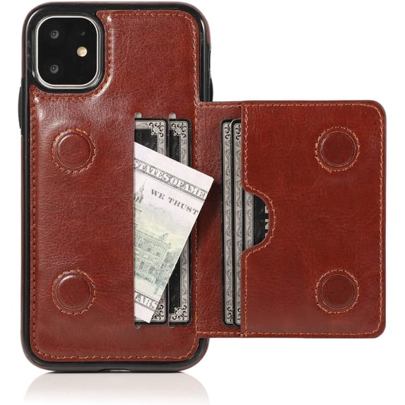 Card Slot Holder Wallet Case for iPhone 11 6.1 inch 2019, Premium PU Leather Case Kickstand with Hidden Magnetic Closure Flip Durable Shockproof Protective Cover - Brown