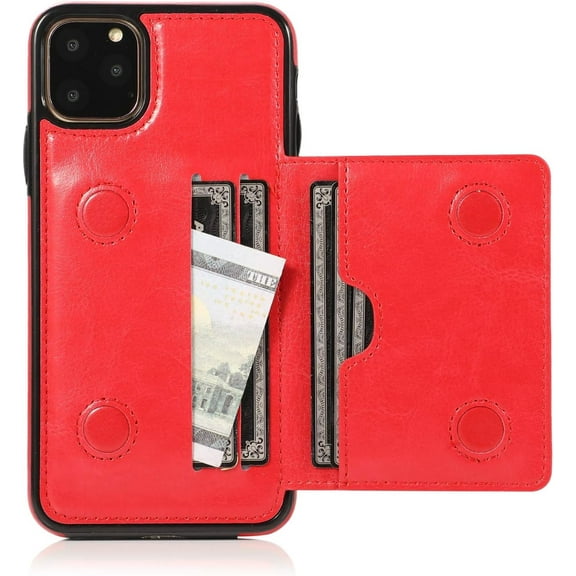Card Slot Holder Wallet Case for iPhone 11 Pro 5.8 inch 2019, Premium PU Leather Case Kickstand with Hidden Magnetic Closure Flip Durable Shockproof Protective Cover - Red