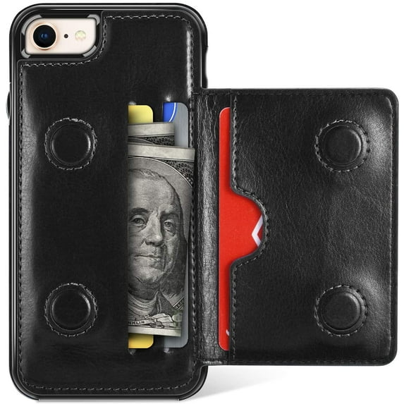 Card Slot Holder Wallet Case for iPhone 8 Plus 7 Plus, Premium PU Leather Case Kickstand with Hidden Magnetic Closure Flip Durable Shockproof Protective Cover for iPhone 7 Plus/8 Plus - Black