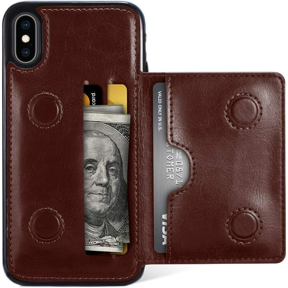 Card Slot Holder Wallet Case for iPhone XR, Premium PU Leather Case Kickstand with Hidden Magnetic Closure Flip Durable Shockproof Protective Cover for iPhone XR - Brown