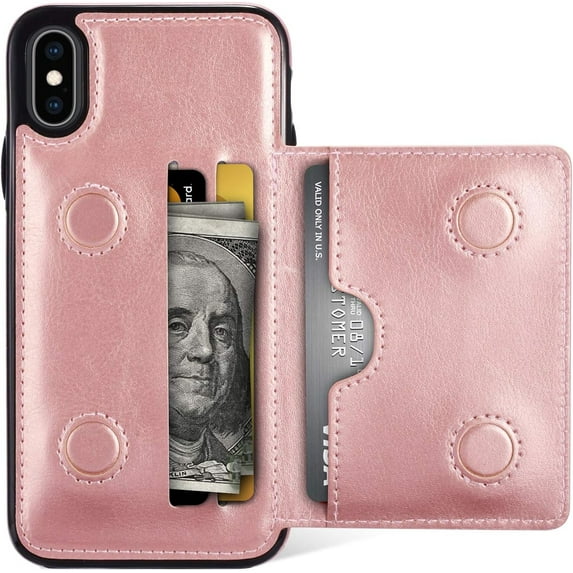 Card Slot Holder Wallet Case for iPhone XR, Premium PU Leather Case Kickstand with Hidden Magnetic Closure Flip Durable Shockproof Protective Cover for iPhone XR - Rose Gold