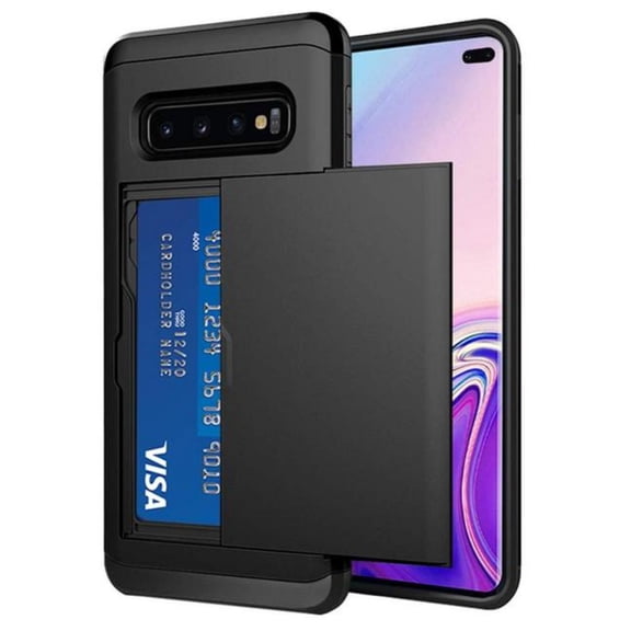 Card Slot Holder Wallet Samsung Galaxy S10 Plus Case (Black) Dual Layer Shockproof with Heavy Duty Protection