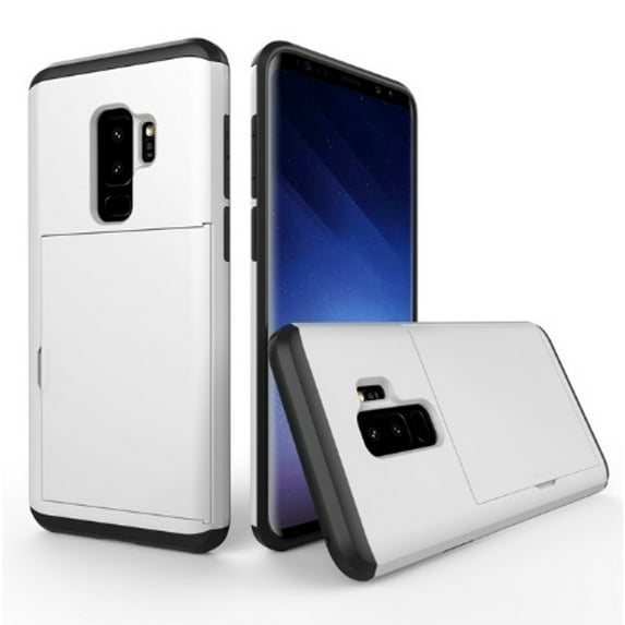 Card Slot Holder Wallet Samsung Galaxy S9 Plus Case - (White) Dual Layer Shockproof with Heavy Duty Protection