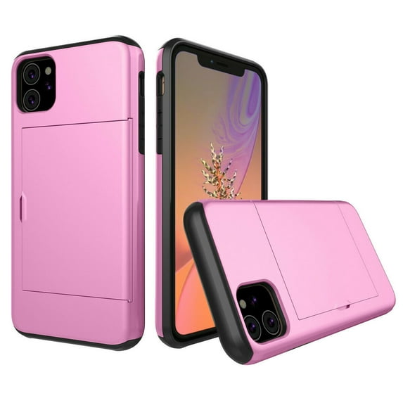 Card Slot Holder Wallet iPhone 11 Pro Max Case - (Pink) Dual Layer Shockproof with Heavy Duty Protection