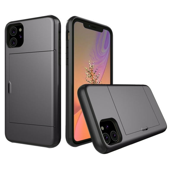 Card Slot Holder Wallet iPhone 12 Mini Case (Gray) Dual Layer Shockproof with Heavy Duty Protection