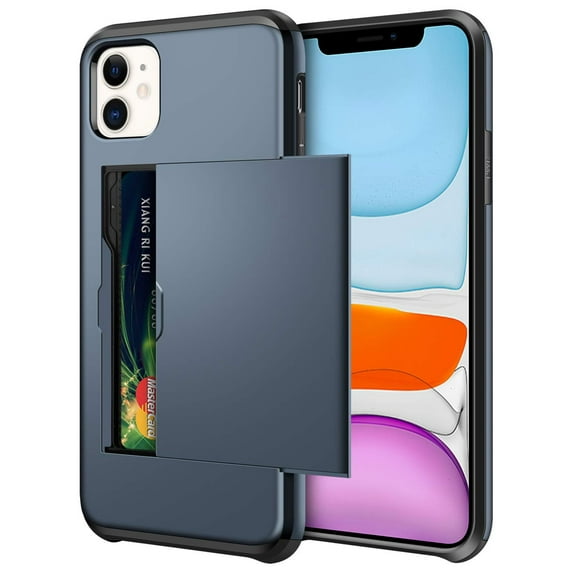 Card Slot Holder Wallet iPhone 13 Mini Case (Blue) Dual Layer Shockproof with Heavy Duty Protection