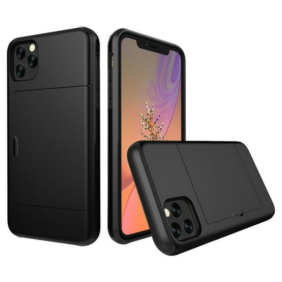 Card Slot Holder Wallet iPhone 13 Pro Case (Black) Dual Layer Shockproof with Heavy Duty Protection