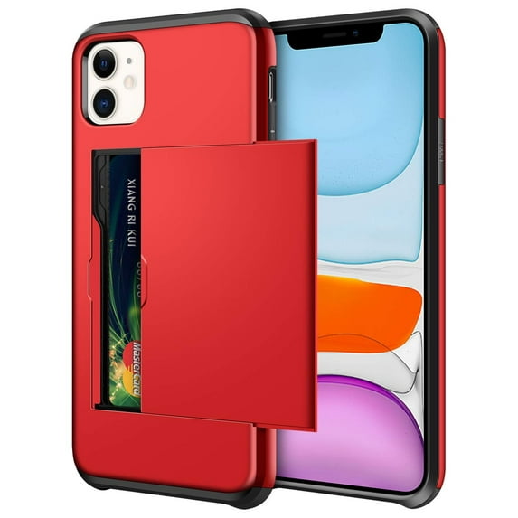 Card Slot Holder Wallet iPhone 14 Pro Max Case - (Red) Dual Layer Shockproof with Heavy Duty Protection