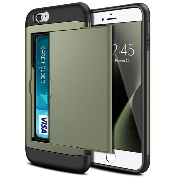 Card Slot Holder Wallet iPhone 6 / 6s Case - (Dark Green) Dual Layer Shockproof with Heavy Duty Protection
