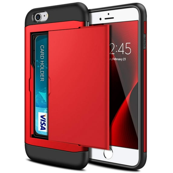 Card Slot Holder Wallet iPhone 6 Plus / 6s Plus Case - (Red) Dual Layer Shockproof with Heavy Duty Protection