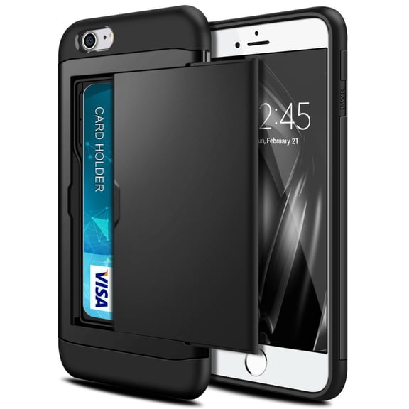 Card Slot Holder Wallet iPhone 8 Case (Black) Dual Layer Shockproof with Heavy Duty Protection