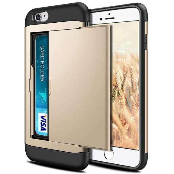 Card Slot Holder Wallet iPhone 8 Case (Gold) Dual Layer Shockproof with Heavy Duty Protection