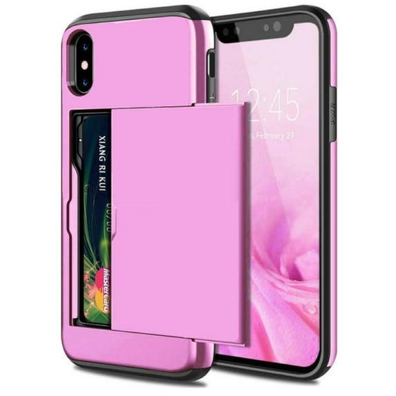 Card Slot Holder Wallet iPhone XS Case - (Pink) Dual Layer Shockproof with Heavy Duty Protection