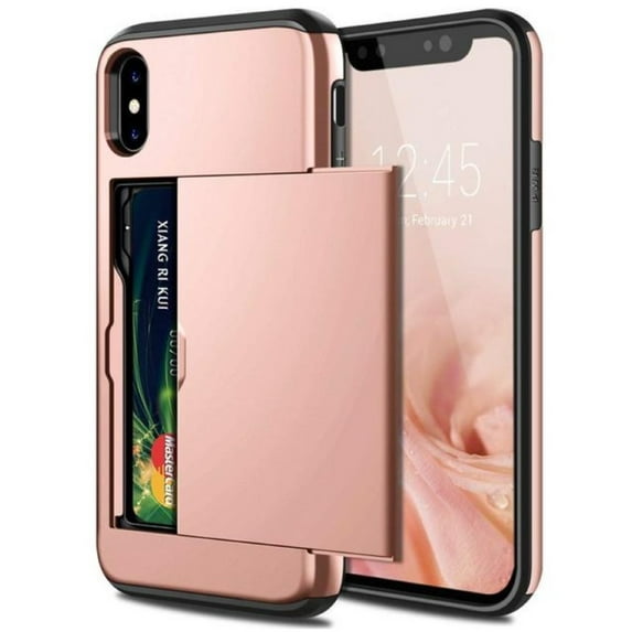 Card Slot Holder Wallet iPhone XS Case (Rose Gold) Dual Layer Shockproof with Heavy Duty Protection